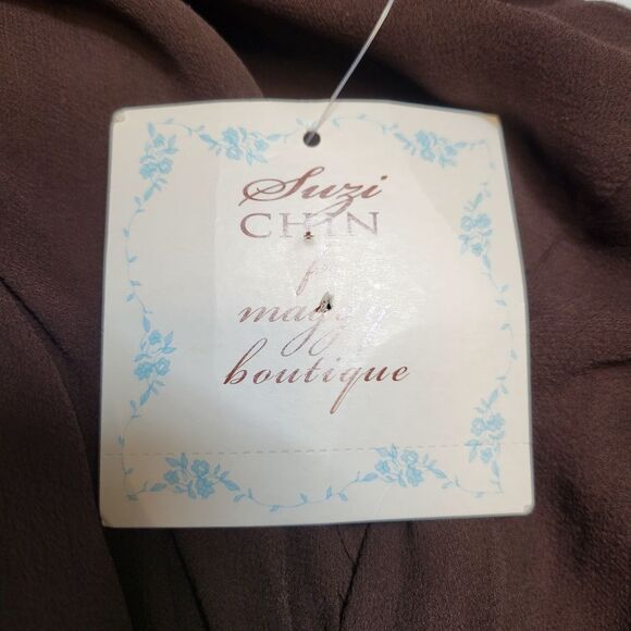 Suzi Chin for Maggy Boutique 100% Silk Chiffon Midi Dress Chocolate Brown NEW - Picture 9 of 13